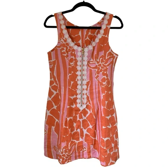 Lilly Pulitzer Pink Coral Sleeveless Mini Dress Giraffe Animal Print Linen Sz 6 - Picture 1 of 15